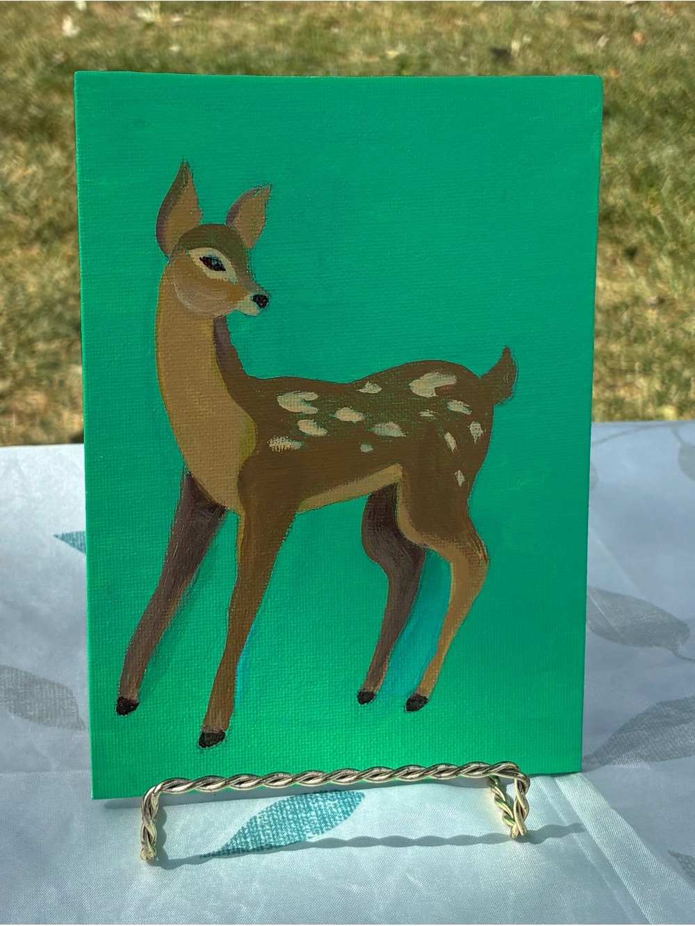 Green Background Fawn Deer Canvas Art - Handpainted Home Accent